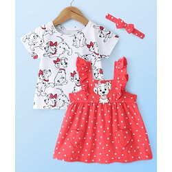 Babyhug Cotton Knit Frock with Half Sleeves T-Shirt & Headband Polka Dot & 101 Dalmatians Print - Red