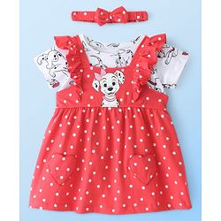 Babyhug Cotton Knit Frock with Half Sleeves T-Shirt & Headband Polka Dot & 101 Dalmatians Print - Red