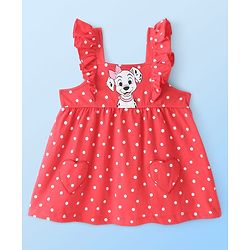 Babyhug Cotton Knit Frock with Half Sleeves T-Shirt & Headband Polka Dot & 101 Dalmatians Print - Red
