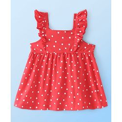 Babyhug Cotton Knit Frock with Half Sleeves T-Shirt & Headband Polka Dot & 101 Dalmatians Print - Red