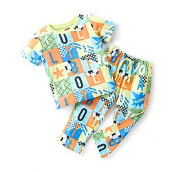 Babyhug Single Jersey Knit Half Sleeves Night Suit Alphabet Print - Green