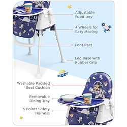 Babyhug Disney Mickey & Friends Space Theme 3 in 1 Comfy High Chair - Blue| High Chair, Feeding Chair & Booster Chair| Adjustable Double Food Tray| Removable PU Leather Seat| Safety Harness| Removable Footrest