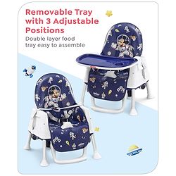 Babyhug Disney Mickey & Friends Space Theme 3 in 1 Comfy High Chair - Blue| High Chair, Feeding Chair & Booster Chair| Adjustable Double Food Tray| Removable PU Leather Seat| Safety Harness| Removable Footrest