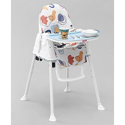 Babyhug 3 in 1 Comfy High Chair with Printed Cushion - White| High Chair, Feeding Chair & Booster Chair| Adjustable Double Food Tray| Removable PU Leather Seat| Safety Harness| Removable Footrest