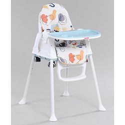 Babyhug 3 in 1 Comfy High Chair with Printed Cushion - White| High Chair, Feeding Chair & Booster Chair| Adjustable Double Food Tray| Removable PU Leather Seat| Safety Harness| Removable Footrest