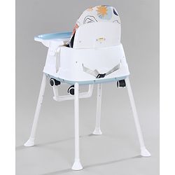 Babyhug 3 in 1 Comfy High Chair with Printed Cushion - White| High Chair, Feeding Chair & Booster Chair| Adjustable Double Food Tray| Removable PU Leather Seat| Safety Harness| Removable Footrest
