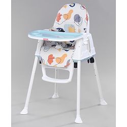 Babyhug 3 in 1 Comfy High Chair with Printed Cushion - White| High Chair, Feeding Chair & Booster Chair| Adjustable Double Food Tray| Removable PU Leather Seat| Safety Harness| Removable Footrest