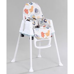 Babyhug 3 in 1 Comfy High Chair with Printed Cushion - White| High Chair, Feeding Chair & Booster Chair| Adjustable Double Food Tray| Removable PU Leather Seat| Safety Harness| Removable Footrest