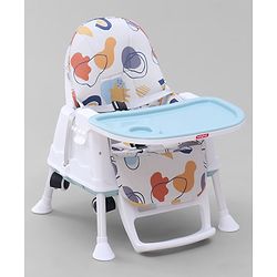 Babyhug 3 in 1 Comfy High Chair with Printed Cushion - White| High Chair, Feeding Chair & Booster Chair| Adjustable Double Food Tray| Removable PU Leather Seat| Safety Harness| Removable Footrest