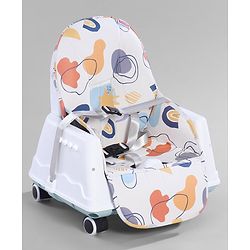 Babyhug 3 in 1 Comfy High Chair with Printed Cushion - White| High Chair, Feeding Chair & Booster Chair| Adjustable Double Food Tray| Removable PU Leather Seat| Safety Harness| Removable Footrest