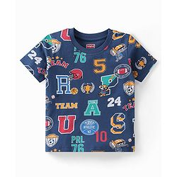 Babyhug Single Jersey Knit Half Sleeves Night Suit Sports Print - Navy Blue