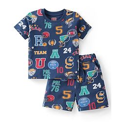 Babyhug Single Jersey Knit Half Sleeves Night Suit Sports Print - Navy Blue