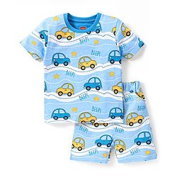 Babyhug Single Jersey Knit Half Sleeves Night Suit Vehicle Print - Blue