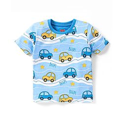 Babyhug Single Jersey Knit Half Sleeves Night Suit Vehicle Print - Blue