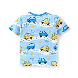 Babyhug Single Jersey Knit Half Sleeves Night Suit Vehicle Print - Blue