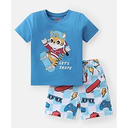 Babyhug Single Jersey Knit Half Sleeves Night Suit Animal Print - Blue