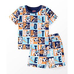Babyhug Single Jersey Knit Half Sleeves Night Suit Sports Print - Blue
