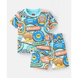 Babyhug Single Jersey Knit Half Sleeves Night Suit Slogan Print - Blue