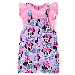 Babyhug Disney 100% Cotton Knit Dungaree With Frill Sleeves Top Minnie Mouse Print - Pink