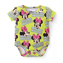Babyhug Disney Interlock Cotton Knit Half Sleeves Onesie with Minnie Mouse Print - Green