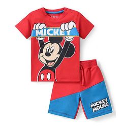 Babyhug Disney Single Jersey Knit Half Sleeve T-Shirt and Short Set with Mickey Mouse Graphics- Red & Blue