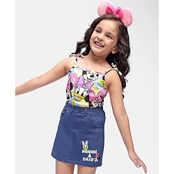 Babyhug Disney Cotton Knit Singlet Sleeves Top & Skirt Set With Minnie Mouse Graphics - Yellow & Navy