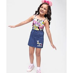 Babyhug Disney Cotton Knit Singlet Sleeves Top & Skirt Set With Minnie Mouse Graphics - Yellow & Navy