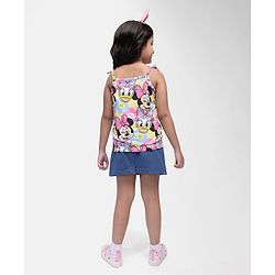 Babyhug Disney Cotton Knit Singlet Sleeves Top & Skirt Set With Minnie Mouse Graphics - Yellow & Navy