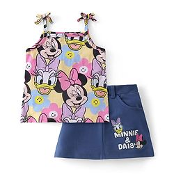 Babyhug Disney Cotton Knit Singlet Sleeves Top & Skirt Set With Minnie Mouse Graphics - Yellow & Navy
