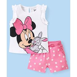 Babyhug Disney Single Jersey Knit  Sleeveless Top &  Shorts Set with Polka Dots & Minnie Mouse Graphics - White & Pink