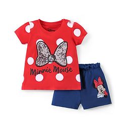 Babyhug Disney Single Jersey Knit Half Sleeve Top and Shorts Set with Minnie Mouse Graphics -Red & Navy Blue