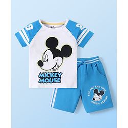 Babyhug Disney Single Jersey Knit Half Sleeves Shirt & Shorts With Mickey Mouse Graphics - White & Blue