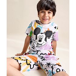 Babyhug Disney Single Jersey Knit Half Sleeves T-Shirt And Shorts Set With Mickey Mouse Graphics - White Purple & Black