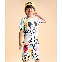 Babyhug Disney Single Jersey Knit Half Sleeves T-Shirt And Shorts Set With Mickey Mouse Graphics - White Purple & Black