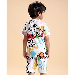 Babyhug Disney Single Jersey Knit Half Sleeves T-Shirt And Shorts Set With Mickey Mouse Graphics - White Purple & Black