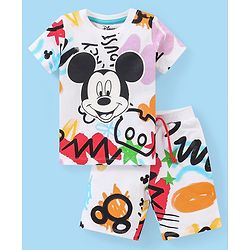 Babyhug Disney Single Jersey Knit Half Sleeves T-Shirt And Shorts Set With Mickey Mouse Graphics - White Purple & Black