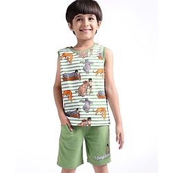 Babyhug Disney Single Jersey Knit Sleeveless T-Shirt And Shorts Set With Jungle Book Print - Green & White