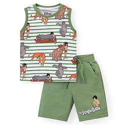 Babyhug Disney Single Jersey Knit Sleeveless T-Shirt And Shorts Set With Jungle Book Print - Green & White