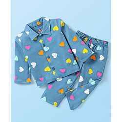 Babyhug Single Jersey Full Sleeves Night Suit Heart Print - Blue