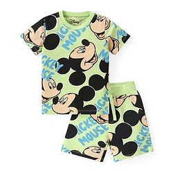Babyhug Disney Single Jersey Knit Half Sleeves T-Shirt And Shorts With Mickey Mouse Print - Green