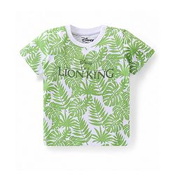 Babyhug Disney Cotton Knit Half Sleeves T-Shirt with Lion King Graphics & Tropical Print - White & Green