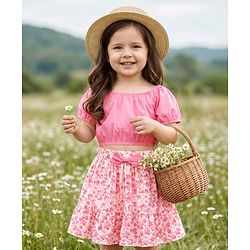 Babyhug Poplin Woven Half Sleeves  Top & Skirt Set with Floral Print - Pink & White