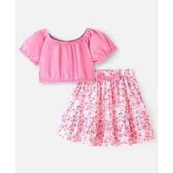 Babyhug Poplin Woven Half Sleeves  Top & Skirt Set with Floral Print - Pink & White