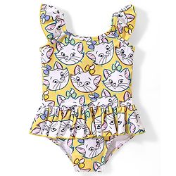Babyhug Disney Sleeveless Frock Style V Cut Swimsuit With Marie Print - Yellow