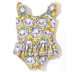 Babyhug Disney Sleeveless Frock Style V Cut Swimsuit With Marie Print - Yellow