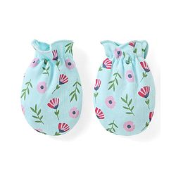 Babyhug 100% Cotton Cap Mittens & Booties Set Floral Print - Blue