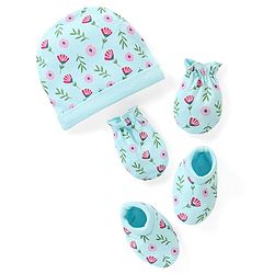 Babyhug 100% Cotton Cap Mittens & Booties Set Floral Print - Blue