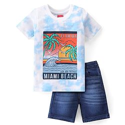 Babyhug Single Jersey Knit Half Sleeves T-Shirt & Denim Shorts Set With Beach Print - Blue