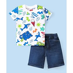 Babyhug Cotton Knit Half Sleeves T-Shirt & Denim Shorts Set With Shark Print - White & Blue