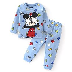 Babyhug Disney Single Jersey Knit Full Sleeves Night Suit with Mickey Mouse Graphics - Light Blue